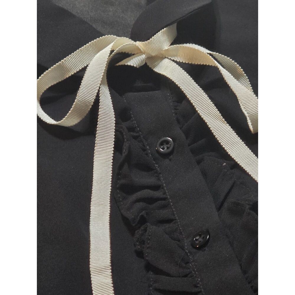 French Kiss Sheer Black Chiffon Ruffle Blouse Bow Tie Front Vintage Style L - Picture 3 of 5